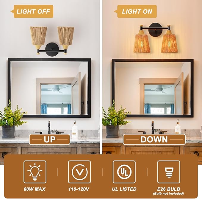 2-Light Bathroom Vanity Light, Boho Bathroom Light Fixtures Over Mirror Rattan Vanity Lighting Fixtures with Hand-Woven Lampshade Rustic Style Wall Sconce for Bedroom Living Room