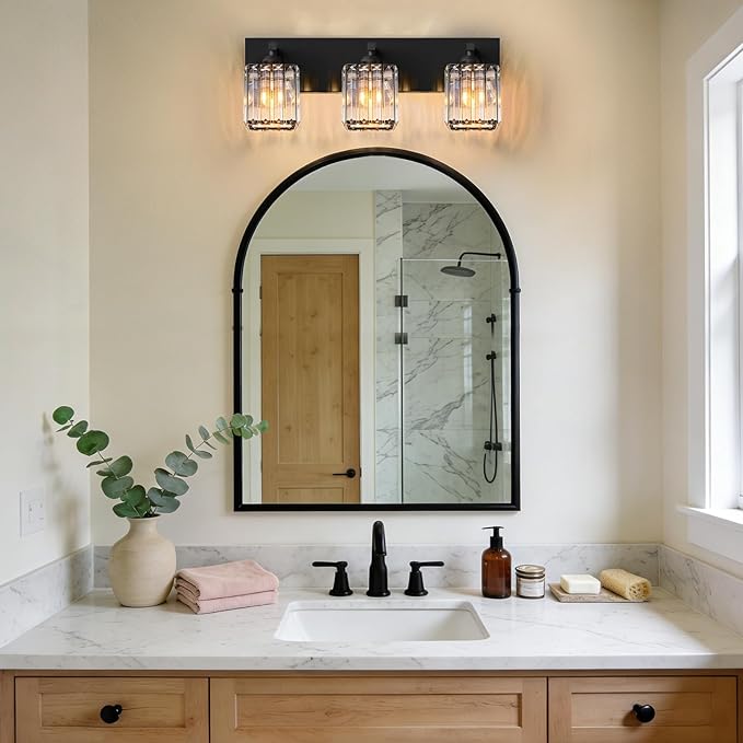 Black Crystal Bathroom Vanity Light, 3-Light Modern Bathroom Lighting Fixtures Over Mirror, Matte Black Wall Sconce Light Fixtures with Square Shade