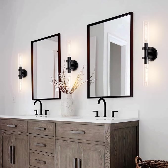 SANTOSTOCK Black Sconces Wall Lighting, Bathroom 2-Light Vanity Light W/Clear Glass Shade, Modern Wall Mounted Lights for Mirror, Makeup Vanity, Kitchen, Washroom, Hallway, E26 T10 Bulbs(Excluded)