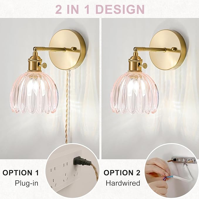 Plug in Wall Sconce, Vintage Sconce Light with Tulip Pink Glass Lampshade, Bedside Wall Sconce with Switch and Plug in Wall Lamp Cord, Gold Wall Light for Bedroom