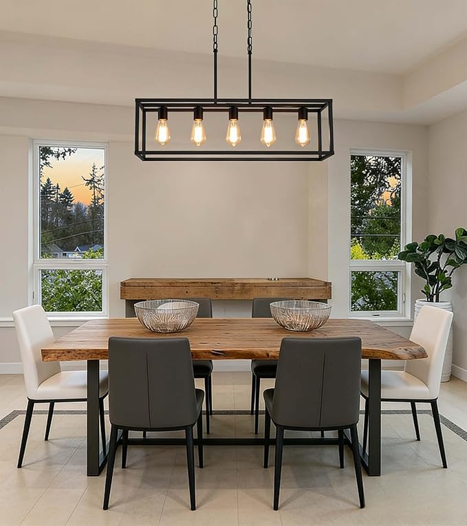 Black Dining Room Light Fixture,5 Light Rectangle Chandelier for Dining Room,Modern Farmhouse Light Fixture for Kitchen Island,Linear Light for Bedroom,Hallway,Foyer,Adjustable Height