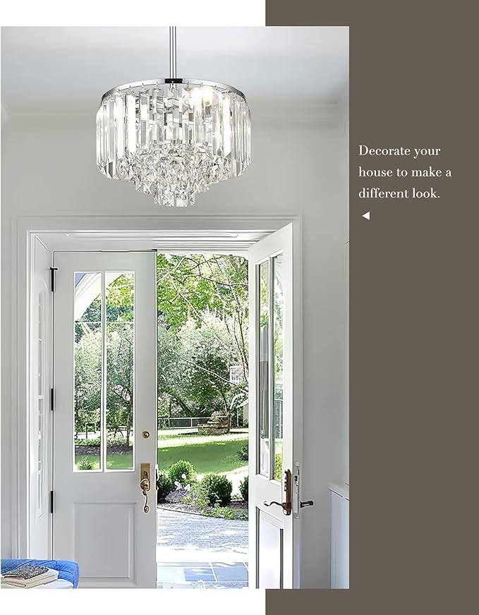 Crystal Chandelier, 4-Tier Modern Chandelier with Polished Chrome Finish, Pendant Light for Dinning Room Kitchen Island Bedroom Entryway, CC4215-3W-PC