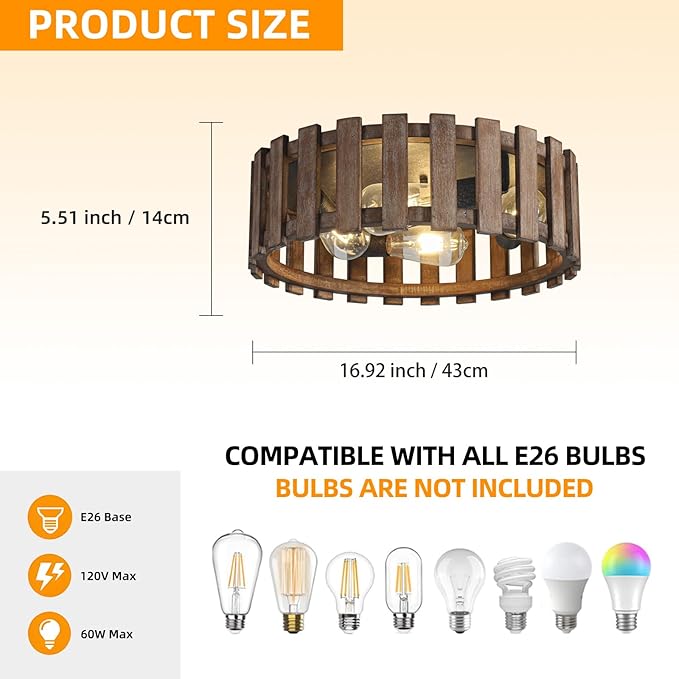 Farmhouse Flush Mount Ceiling Light, 17 Inch 4-Light Metal and Wood Close to Ceiling Light Fixture, Rustic Ceiling Light for Kitchen, Dining Room, Living Room, Hallway, Entryway
