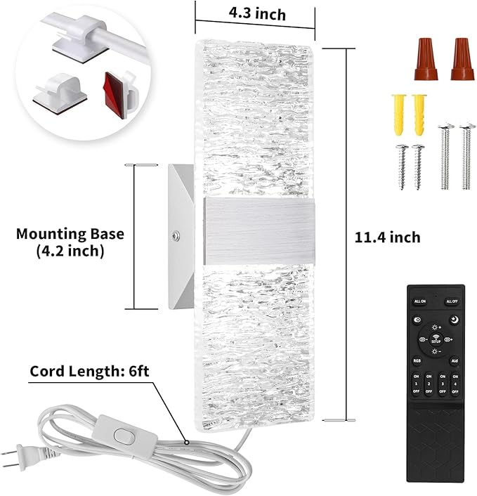 GOODATE Plug in Wall Sconces with Adjustable 3000K-6500K Colors & 10%-100% Brightness, Sconces Wall Decor Set of 2 with Remote Control, 12W Acrylic LED Plug in Wall Light (1 Pack, Corrugated Finish)
