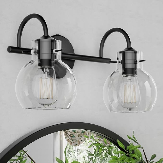 Bathroom Vanity Light Fixtures, Modern 2 Lights Vanity Lighting Fixture Matte Black, Farmhouse Metal Wall Lamp with Globe Glass Shade, Porch Wall Mount Light Fixture for Mirror Cabinets