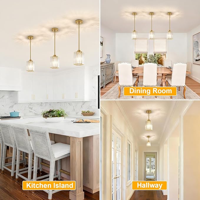 Gold Pendant Light Kitchen Island, Modern Crystal Kitchen Island Lighting, 1-Light Hexagonal Kitchen Hanging Lights for Island, Dining Room, Hallway, Foyer, Entryways