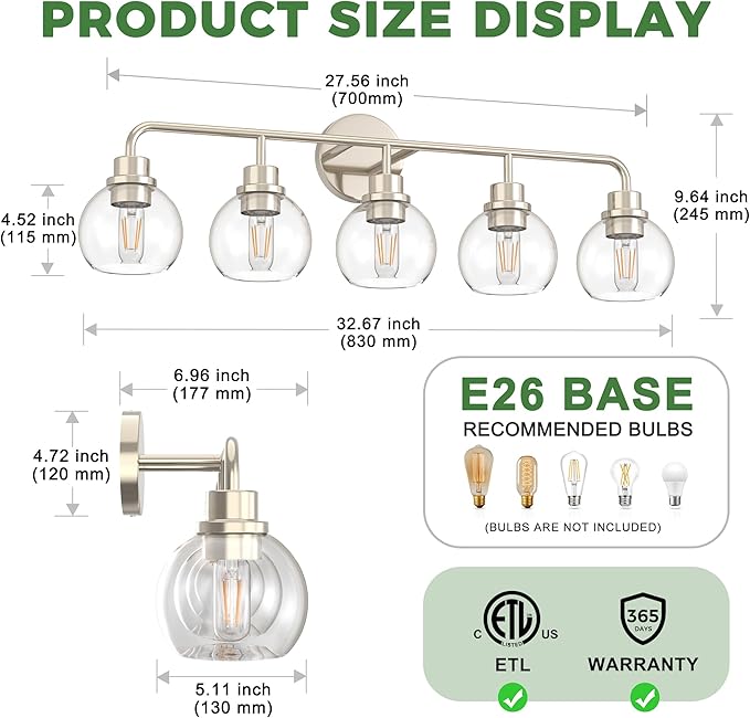 DORESshop 5-Light Bathroom Light Fixtures, 32.67-Inch Nickel Bathroom Vanity Light with Clear Glass Globe Shade, Modern Vanity Lights for Bathroom Living Room Hallway Bedroom, E26, ETL Listed