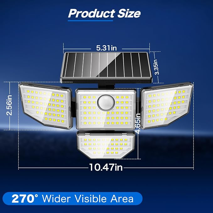 Adewalk Outdoor Solar Light - Upgrade 3000LM 188 LED Motion Sensor for 4 Heads IP65 Waterproof Powered Switch Control Darkroom Backyard Outside Security