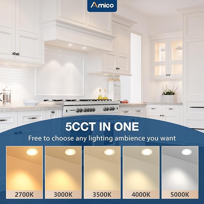 Amico 12 Pack 2 Inch 5CCT Ultra-Thin LED Canless Recessed Ceiling Light with Junction Box, 2700K/3000K/3500K/4000K/5000K Selectable, CRI90+, 6W=40W, 350LM, Dimmable Canless Wafer Downlight-ETL&FCC
