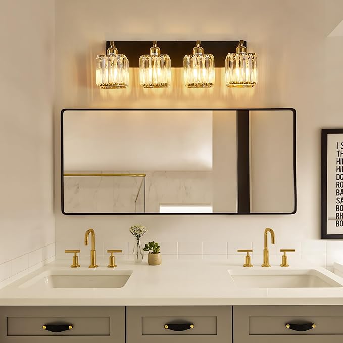 Modern Crystal Bathroom Vanity Light 4-Lights Modern Black Gold Crystal Bathroom Wall Light Over Mirror Vanity Light Fixtures