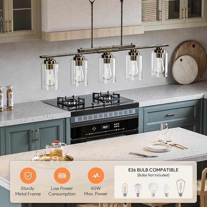 VONLUCE Kitchen Island Lighting, Dining Room Light Fixture Over Table with Glass Shade