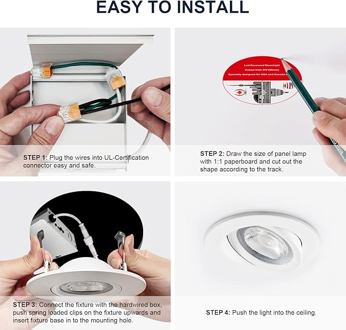 4 Pack White 4-inch 5 CCT Gimbal LED Recessed/Downlight Color Selectable 2700K/3000K/3500K/4000K/5000K 800Lm 9W 120V Dimness Adjustable LED Lights