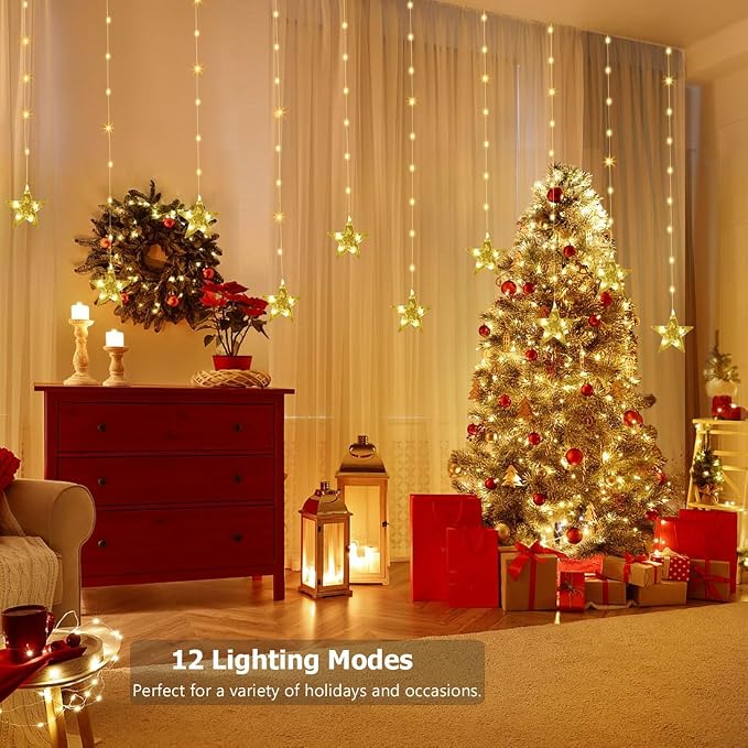 Star Curtain Lights Battery Powered, 10ft x 3.3ft Warm White & Multicolor Twinkle Fairy String Lights Curtain, Timer & IR Remote for Bedroom Backdrop Indoor Outdoor Christmas Party Decor