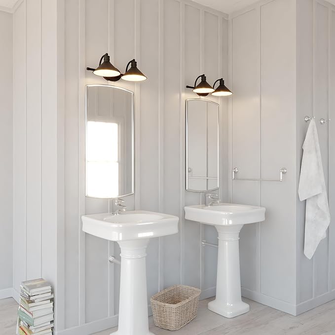 VAXCEL Akron 2-Light 18 inch Wide Oil Rubbed Bronze and Matte White Farmhouse Bathroom Vanity Lighting Fixture, Metal Shade, Dimmable, LED Compatible, Over The Mirror Mounted Steel Wall Sconce