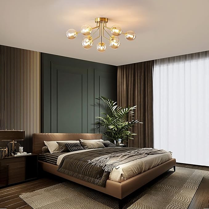 Mid Century Gold Modern Sputnik Chandeliers 9 Light Semi Flush Mount Ceiling Light Fixture Pendant Lamps Bulbs with Glass Globe Lighting for Bedroom Kitchen Dining Room Office