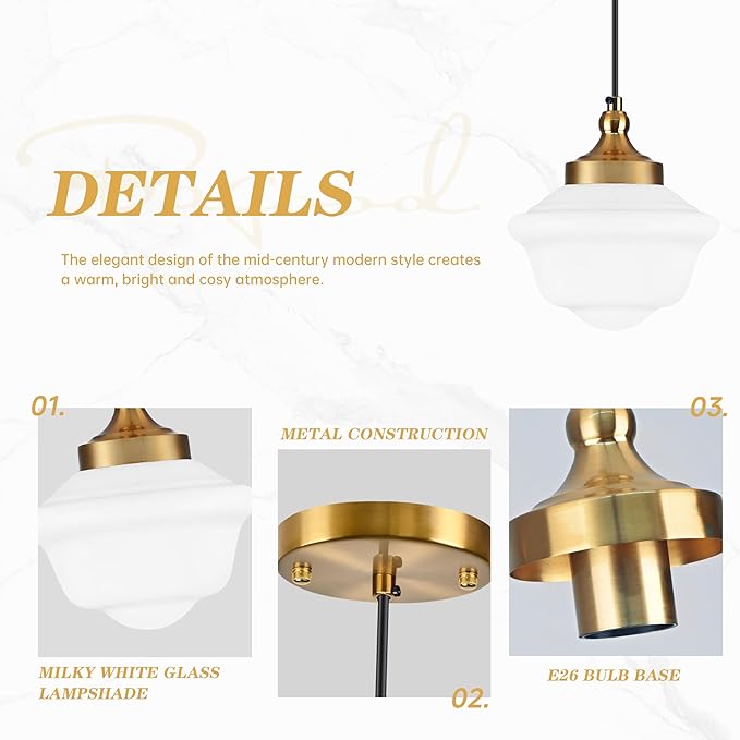 Bagood 8" Gold Schoolhouse Light Fixture Milk Glass Pendant Light Schoolhouse Pendant Light Milk Glass Light Fixture Mid Century Modern Ceiling Light for Bedroom Bathroom Kitchen Island (Bulb Incl.)