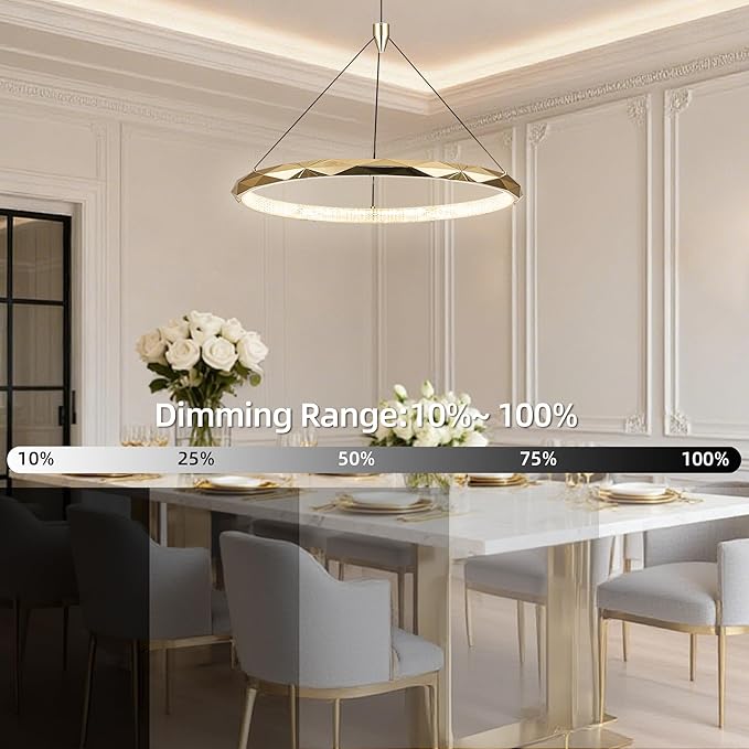 HEYAN Modern Gold Ring Chandelier, 16-Inch Faceted Geometric LED Pendant Light, Dimmable 3-Color Changeable Island Lighting, 25W Luxury Acrylic Crystal-Effect Ceiling Fixture for Dining Room & Kitchen