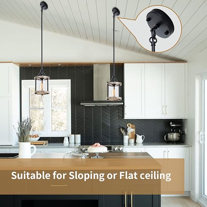 Farmhouse Pendant Light, Rustic White Wood Metal Cage Hanging Light Fixtures with Glass, 43 Inch Adjustable for Flat and Slop Ceiling, Pendant Lighting for Kitchen Island Foyer Hallway, 2 Pack