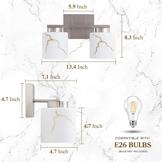Brushed Nickel Bathroom Light Fixtures,Modern 2-Light Bathroom Vanity Light Over Mirror with White Marble Glass Shade,Wall Sconces Lighting for Bedroom Cabinet Kitchen Living Room
