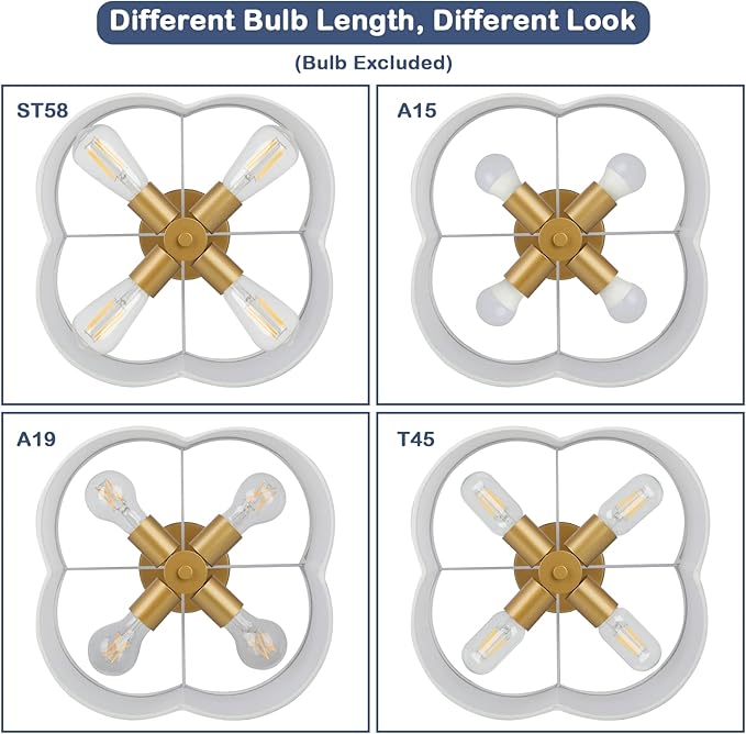 4-Light 14.4'' Semi Flush Mount Ceiling Light Fixture, Gold Modern Close to Ceiling Lamp with White Fabric Shade, Farmhouse Bright Lighting Brass Finish for Nursery Kids Room Bedroom Hallway Entryway