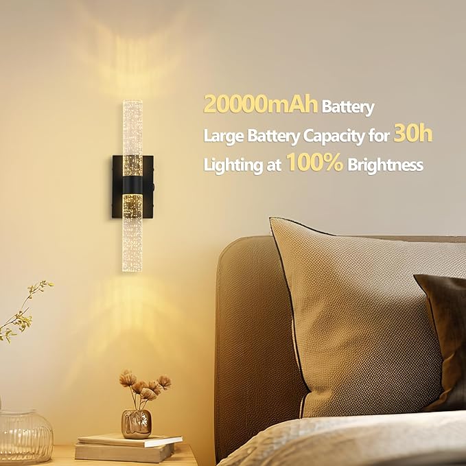 Black Battery Operated Wall Sconces Set of 2, 20000mAh Rechargeable Wall Light with Remote Control, 3000K-6000K Dimmable Wireless LED Sconces for Bedroom, Living Room, 15.6 Inch