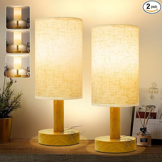 Small Cordless Touch Bedside Table Lamps Set of 2,Minimalist Dimmable Battery-Powered Desk Lamps with Round Fabric Linen Shade,Mini Nightstand Warm Night Lights for Bedroom,Home,Living Room,Office