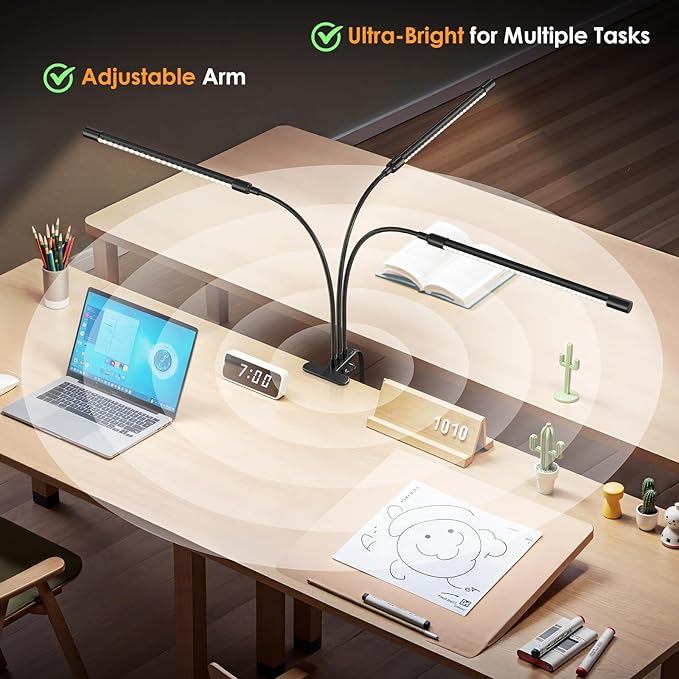 ShineTech LED Desk Lamp with Clamp, 3-Head Ultra-Wide Lighting, 4 Color Modes, Adjustable Gooseneck Task Lamps, Eye-Safe Dimming, Memory & Auto-Off Timer, Desk Light for Home Office, Study, Reading
