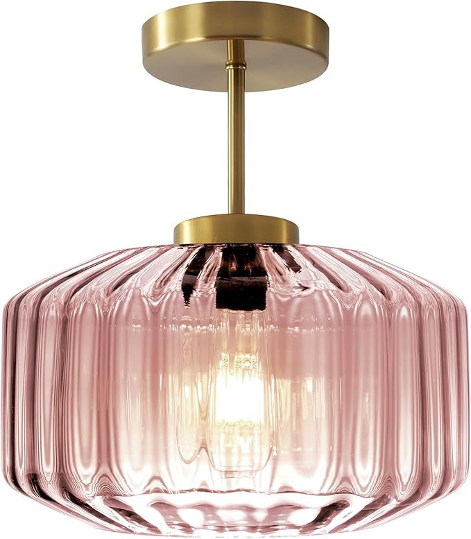 Modern Semi-Flush Mount Light Fixture Blush Pink Ceiling Lamp with Brushed Gold Base, Bedroom Light Fixture for Girls Bedroom, Nursery, Master Suite Hallway