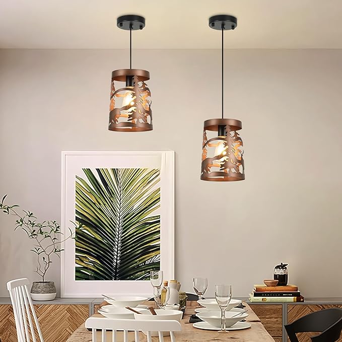 Rustic Bear Pendant Lights, 1-Light Brushed Bronze Round E26 Base Cage Metal Fixture Adjustable Hanging Height for Kitchen Island, Hallway, Dining Room,Foyer,Bedroom(No Bulb Included)
