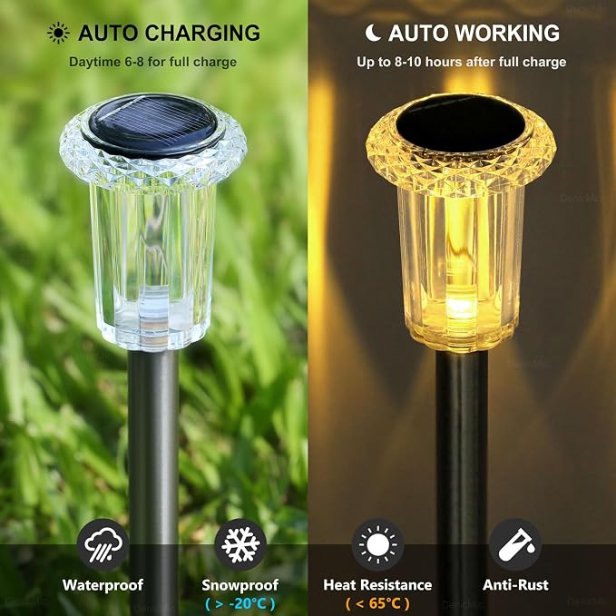 DenicMic Solar Garden Lights Outdoor 15Pack 3000K Warm White LED Waterproof | Backyard Patio Landscape Pathway Garden Decor for Outside Diamond-like Style Starburst Light Pattern, Acrylic/Stainless Steel