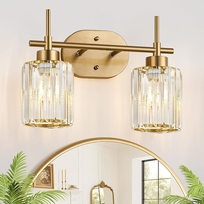 Modern Crystal Bathroom Vanity Light, 2-Light Brushed Gold Bathroom Light Fixtures with Clear Shades, Vanity Lighting Fixtures Over Mirror (Exclude Bulb)
