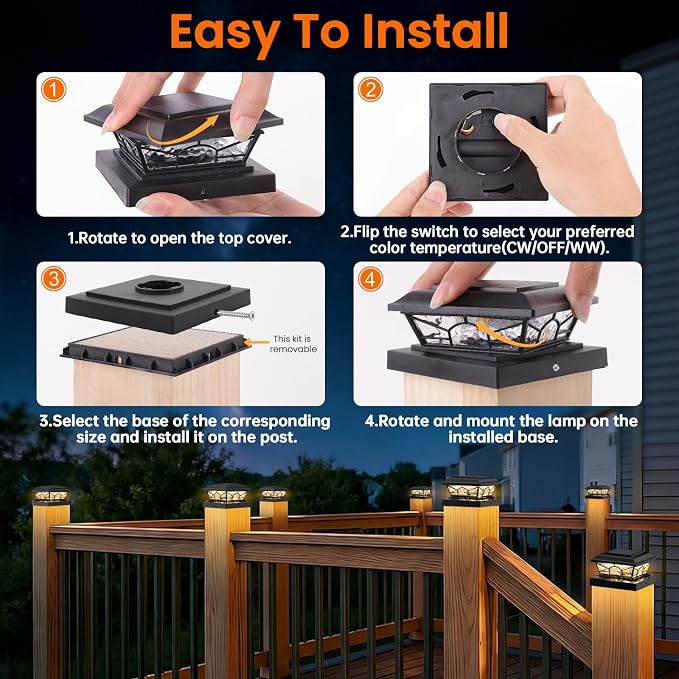 Brightever 4x4 3.5x3.5 Solar Post Cap Lights, 6-Pack Solar Powered Fence Post Light Outdoor Waterproof for Vinyl/Wooden Post, 2 Modes(Warm/Cool Light), Black Solar Deck Post Lights for Patio, Porch