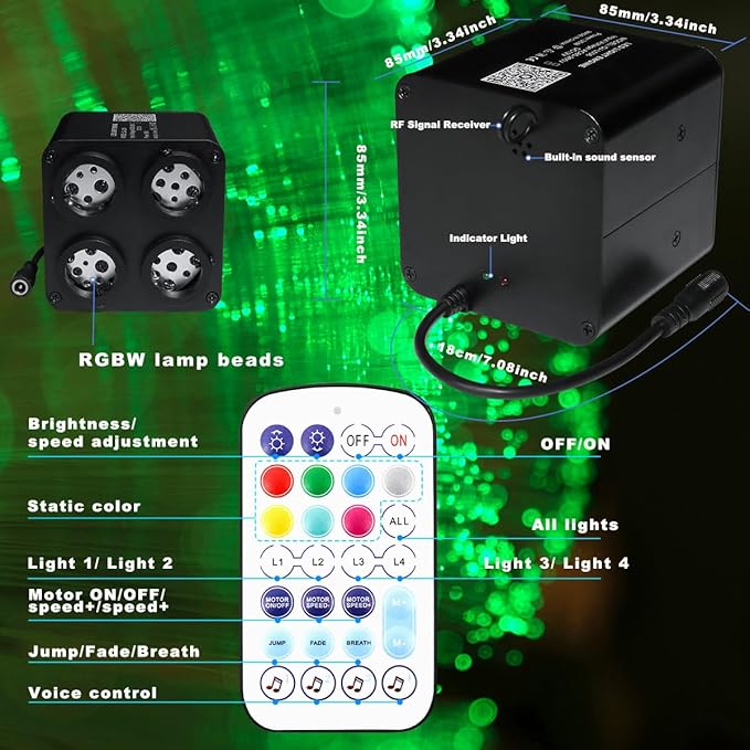 AMKI Updated 4Color Twinkle 36w Starlight Headliner Kits 600pcs 0.03in 9.8ft Fiber Optic Light Cable 4 Ports Starlight Box App/Remote Control Sound Mode for Car Home Ceiling Decoration
