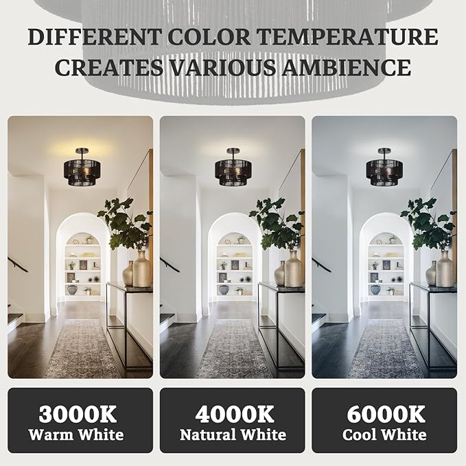 Rattan Ceiling Light Fixture,Boho Style Semi Flush Mount Ceiling Light, 12.6Inch Farmhouse Rattan Light Fixture with Black Woven Drum Lampshade for Entryway, Foyer, Kitchen