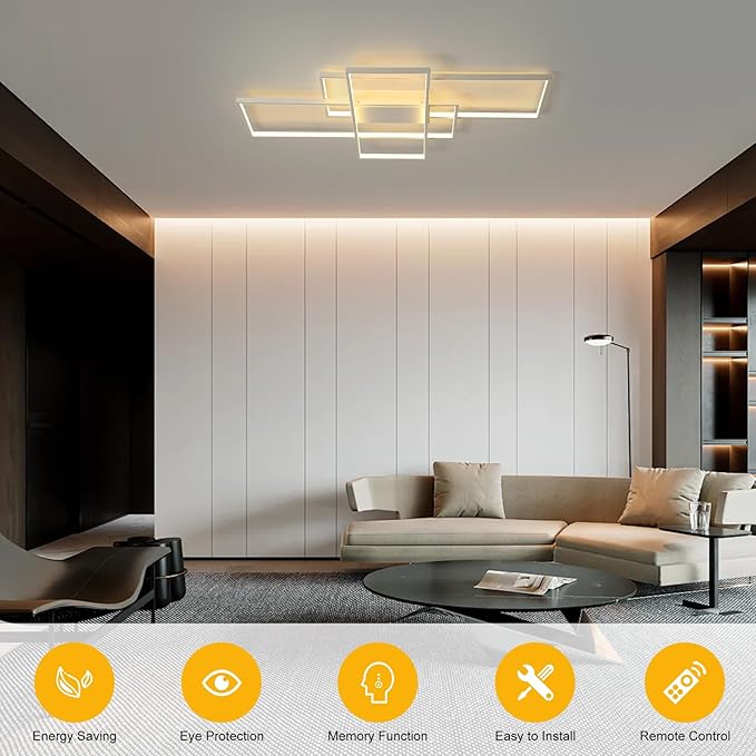 Jaycomey Modern Ceiling Light Dimmable LED Chandelier with Remote Control,50W 3-Layer Square Ceiling Lamp Acrylic Flush Mount Ceiling Lights Fixtures for Bedroom Dining Living Room Kitchen(White)