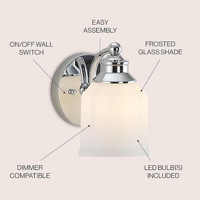 JONATHAN Y 7.5" Chrome Modern Farmhouse LED Vanity Light Wall Sconce Fixture, Frosted White Glass Shade, Dimmable Wall Lamp for Bathroom Mirror Kitchen Sink, UL Listed JYL7549A