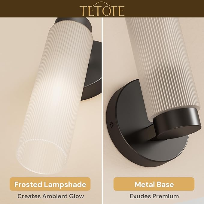 TETOTE Black Wall Sconces Set of Two Modern Bathroom Wall Light Fixtures Farmhouse Wall Lights with Frosted Glass Shade for Mirror Bedroom Living Room