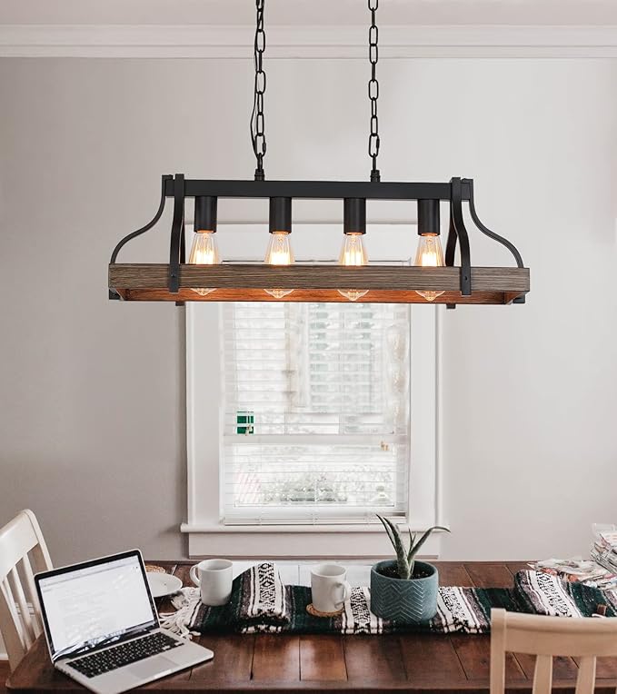 MEIXISUE Rustic Kitchen Island Dining Room Light Fixture Farmhouse Linear Chandelier Black and Retro Wood Finish 4-Light Industrial Metal Hanging Pendant Light UL Listed L28.3 W10.6