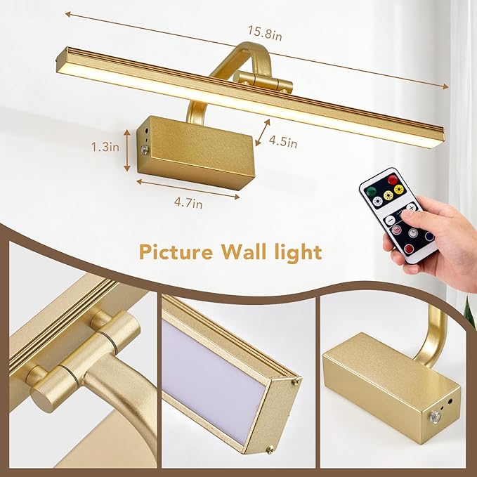 RAIFOOLLY Picture Light, 16inch Cordless Picture Lights for Wall with Timer and Dimmable, Battery Operated Metal Wall Lights for Display Gallery Painting Art Frame Portrait - Gold
