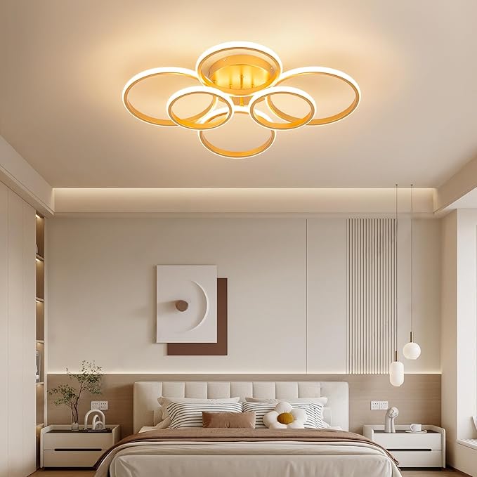 Modern Ceiling Lights, 6 Rings Dimmable Gold LED Ceiling Light Fixtures with Remote Control, 60W Close to Ceilings Lighting for Living Room, Bedroom, Dining Room