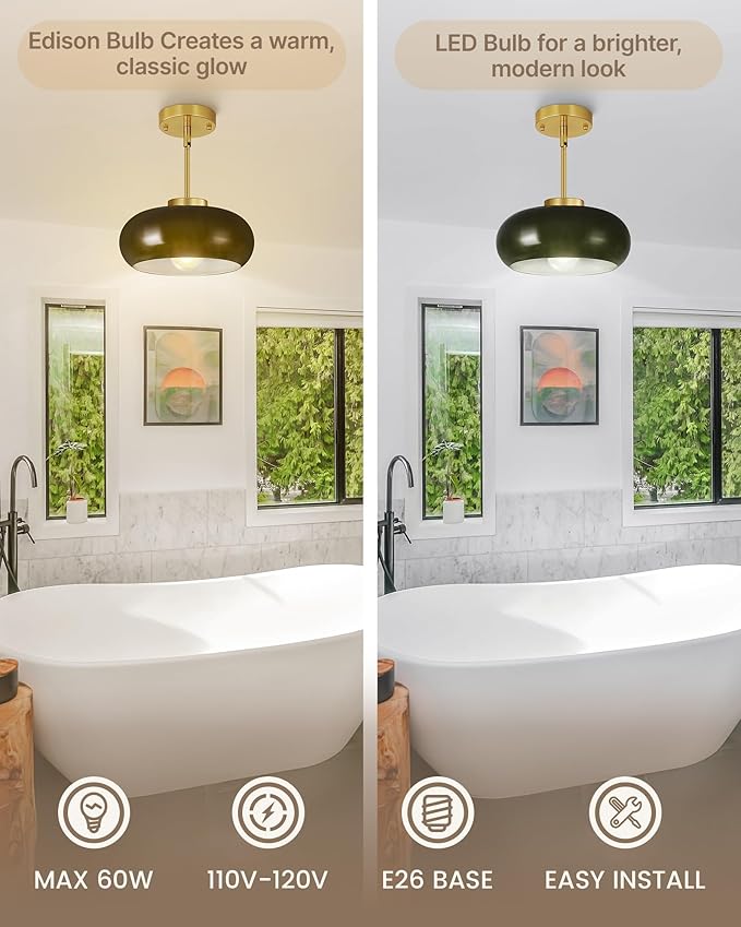 Yunnix Semi Flush Mount Ceiling Light, Gold Light Fixture, Mid-Century Modern Farmhouse Green Glass Small Light Fixtures for Hallway, Bathroom, Kitchen, Bedroom, Living Room, Closet, Laundry