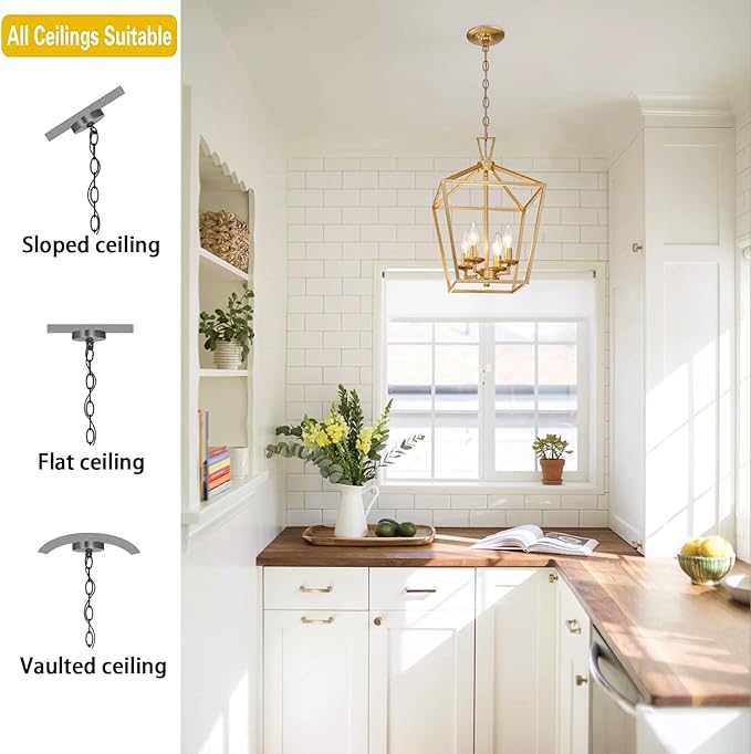 Untrammelife 4-Light Gold Lantern Pendant Light, Adjustable Height Metal Geometric Light Fixture 12'' Classic Cage Chandelier for Kitchen Island Hallway, Hand-Pasted Gold Foil Finish