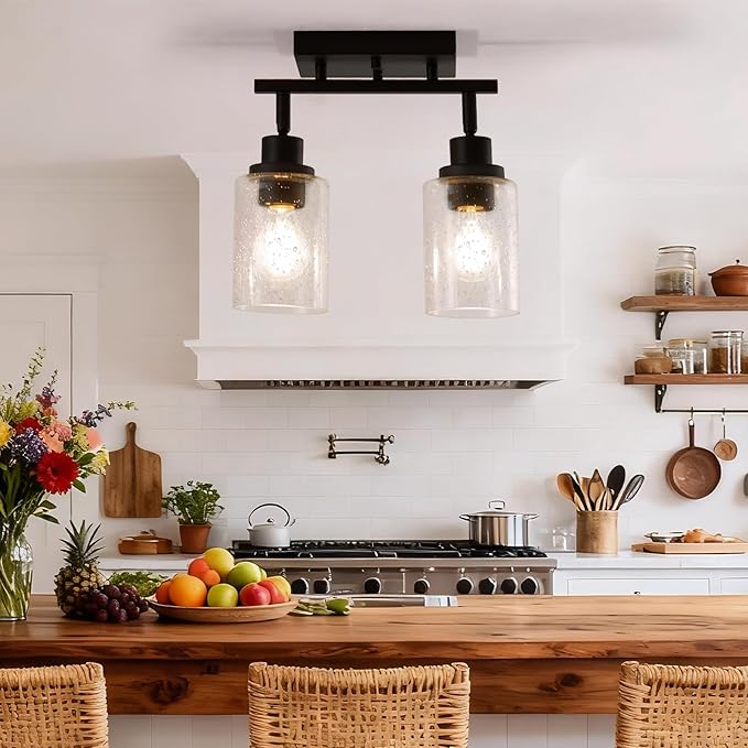 LOUSACE 2 Light Kitchen Track Lighting Fixtures Ceiling Black, Above Sink Light Fixture Kitchen with Rotatable E26 Heads & Seeded Glass Shade, Modern Bathroom Vanity Light Ceiling & Wall Mount