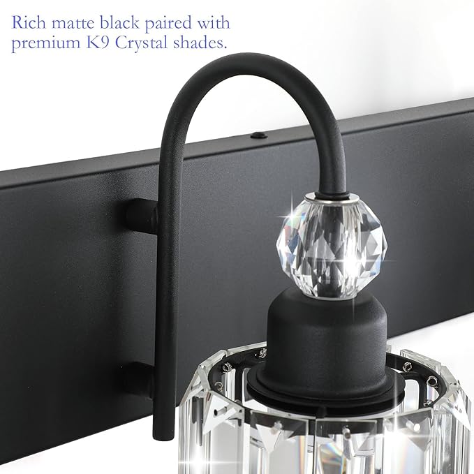 Ralbay Modern Crystal Vanity Light 3-Lights Modern Crystal Vanity Lights for Bathroom Matte Black Crystal Bath Wall Light Fixtures Modern Black Crystal Bathroom Light Fixtures