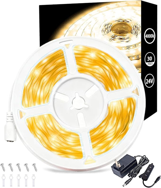 4000k 30ft Led Strip Lights for Bedroom Dimmable 10 FT 180 LEDs Rope Light Flexible Super Bright White Tape Lights for Ceiling Room Home Decor Luces LEDs for DIY Living Room Kitchen Vanity