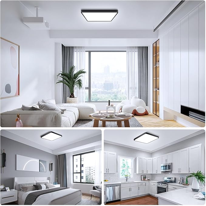12Inch 24W Square LED Ceiling Light Fixtures Flush Mount, 6000K Cold White LED Ceiling Lamp, Surface Mount Modern Ceiling Lights, Black Slim Flat Panel Lighting for Bedroom, Kitchen, Bathroom Etc