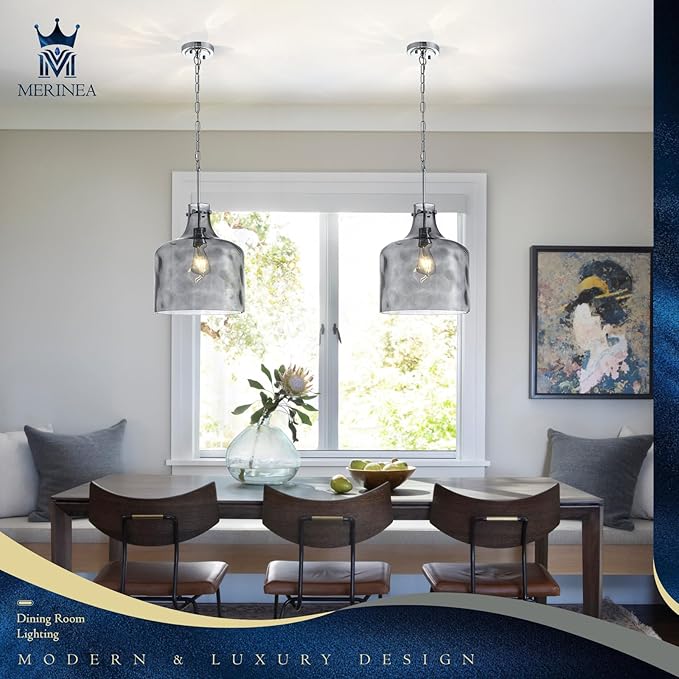 Farmhouse Pendant Light – Hand-Blown Smoked Gray Hammered Glass Shade, Polished Chrome Finish, E26 Socket, Adjustable Chain Hanging Fixture for Kitchen Island, Dining Room & Hallway, 15" H x 12" D