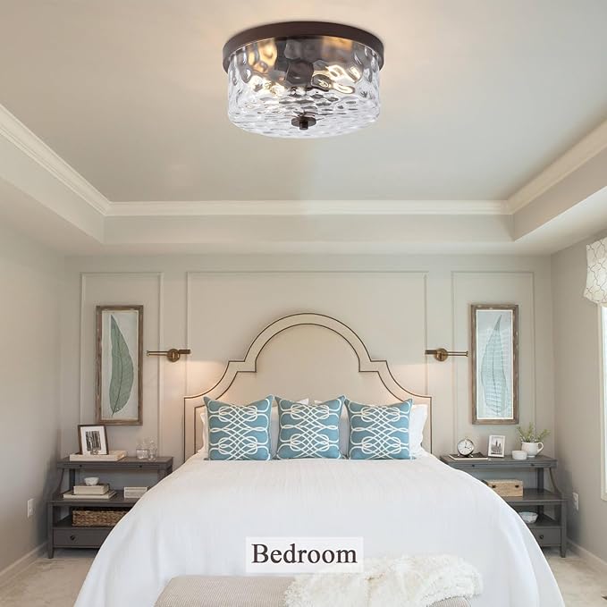 Hammered Glass Oil Rubbed Bronze Flush Mount Ceiling Light,2-Lights Modern Farmhouse Ceiling Lighting Fixture for Kitchen Hallway Bedroom,Indoor Antique Foyer Light
