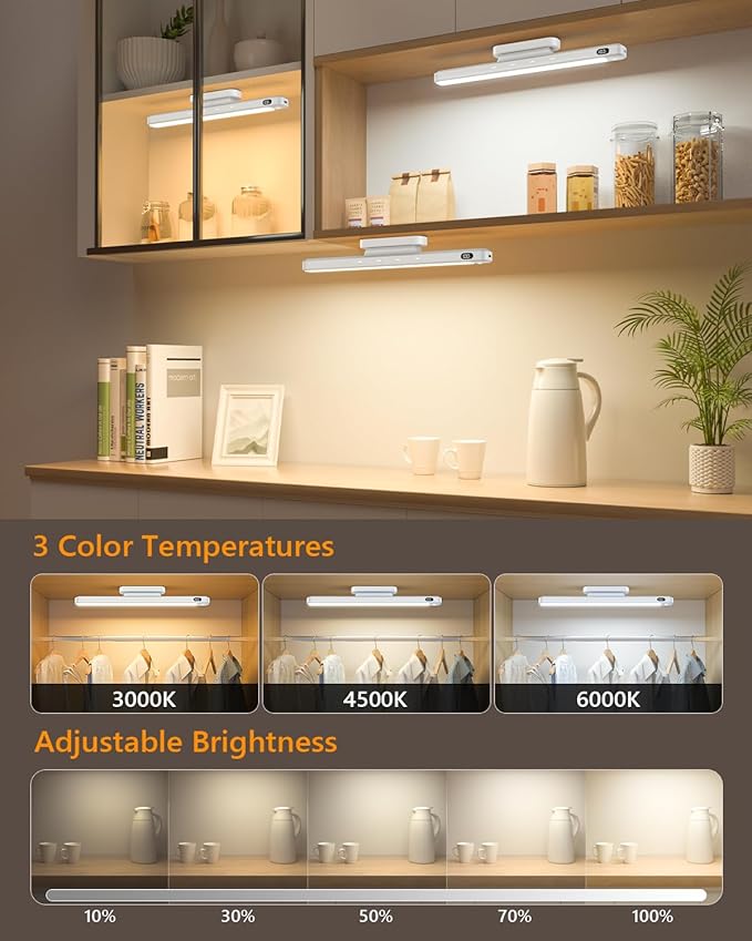 WILLED 3W Motion Sensor Magnetic Light Bar, Eye-Care Rechargeable Closet Light with Battery Level Display, Mirror Lights Stick on, Led Light Bar for Cabinet, Closet, Desk and Bathroom