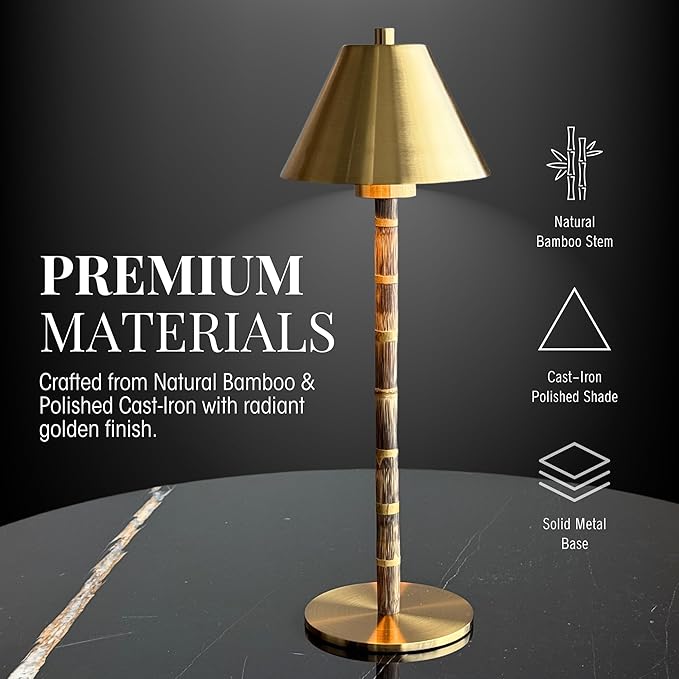 Bamboo Cordless LED Table Lamp – Rechargeable 24-Hour Battery, Dimmable Warm Light, 15" Portable Wireless Lamp with Remote for Indoor/Outdoor Use, Home, Patio, Restaurant – Polished Gold